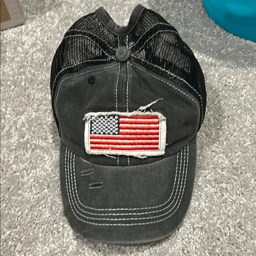 Distressed Black Cap with American Flag Patch